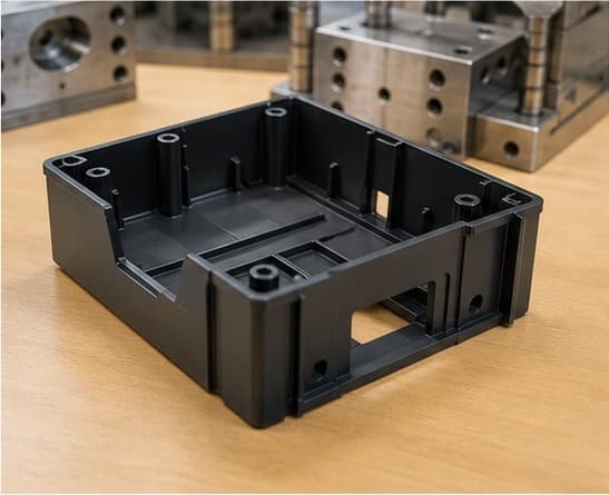 Black injection molded housing shell with ribs and bosses near blurred mold tooling