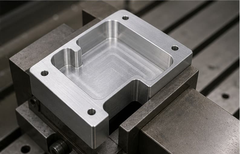 CNC milled aluminum pocket with rounded internal corners held in a machine vise