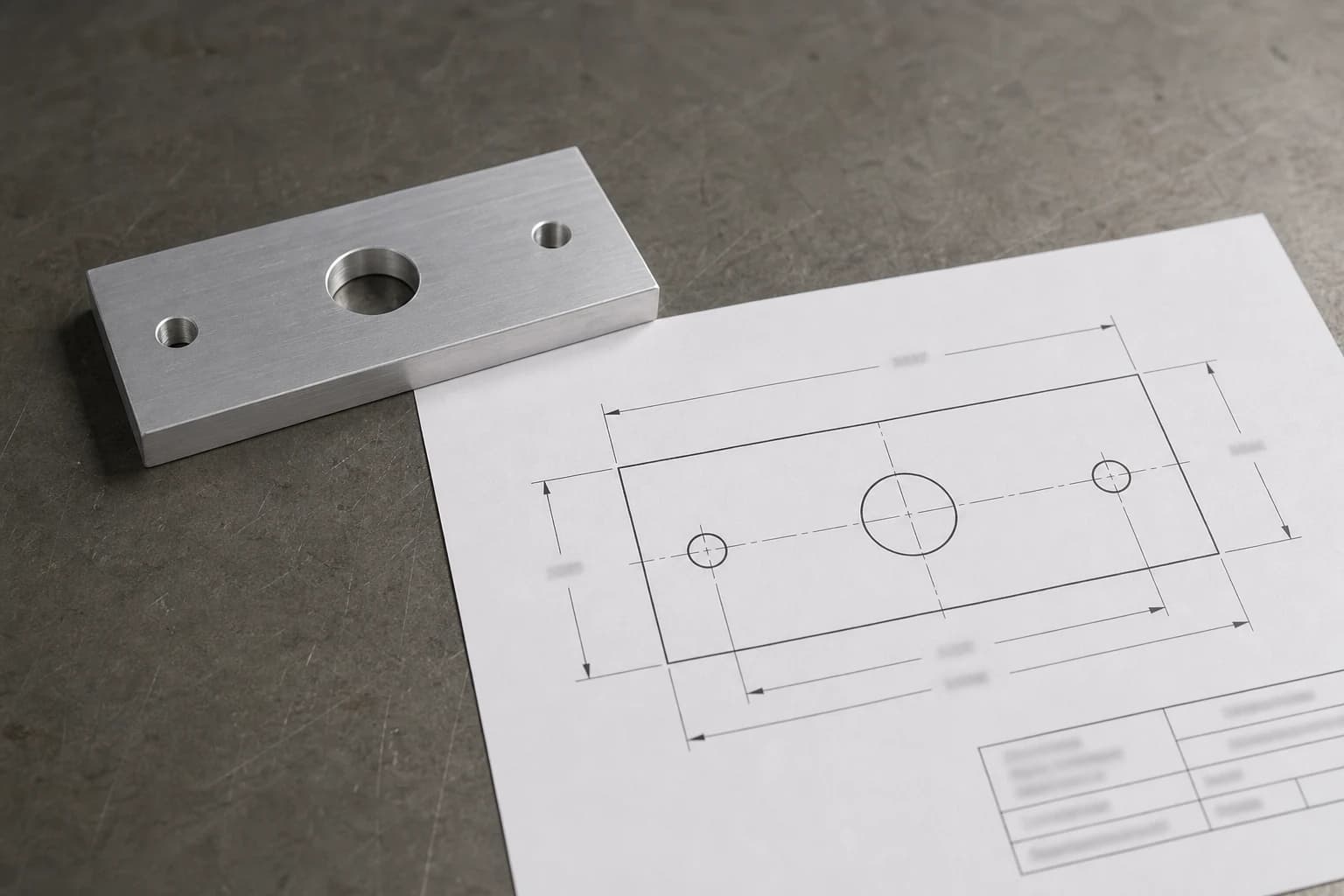 Machined rectangular aluminum plate next to an engineering drawing view with extension lines and dimension arrows, with numbers intentionally not readable